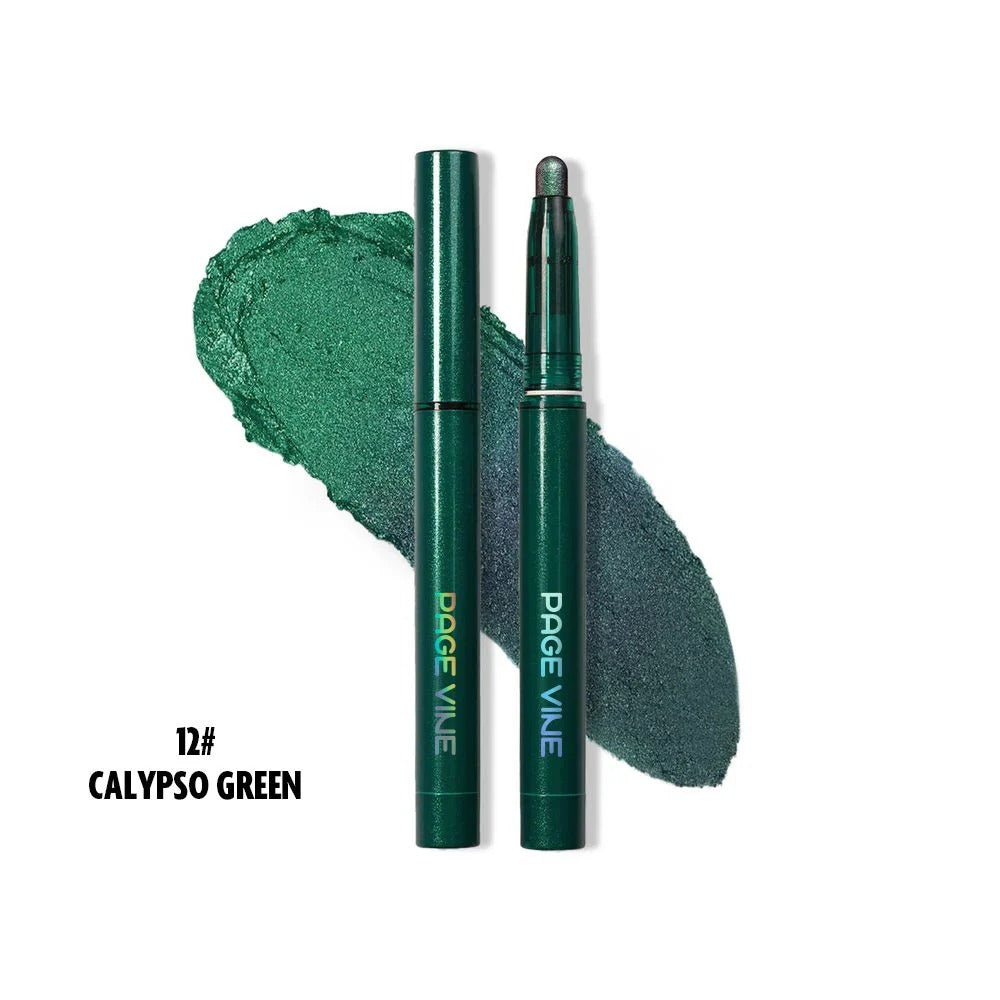Two green makeup products with swatch on a white background