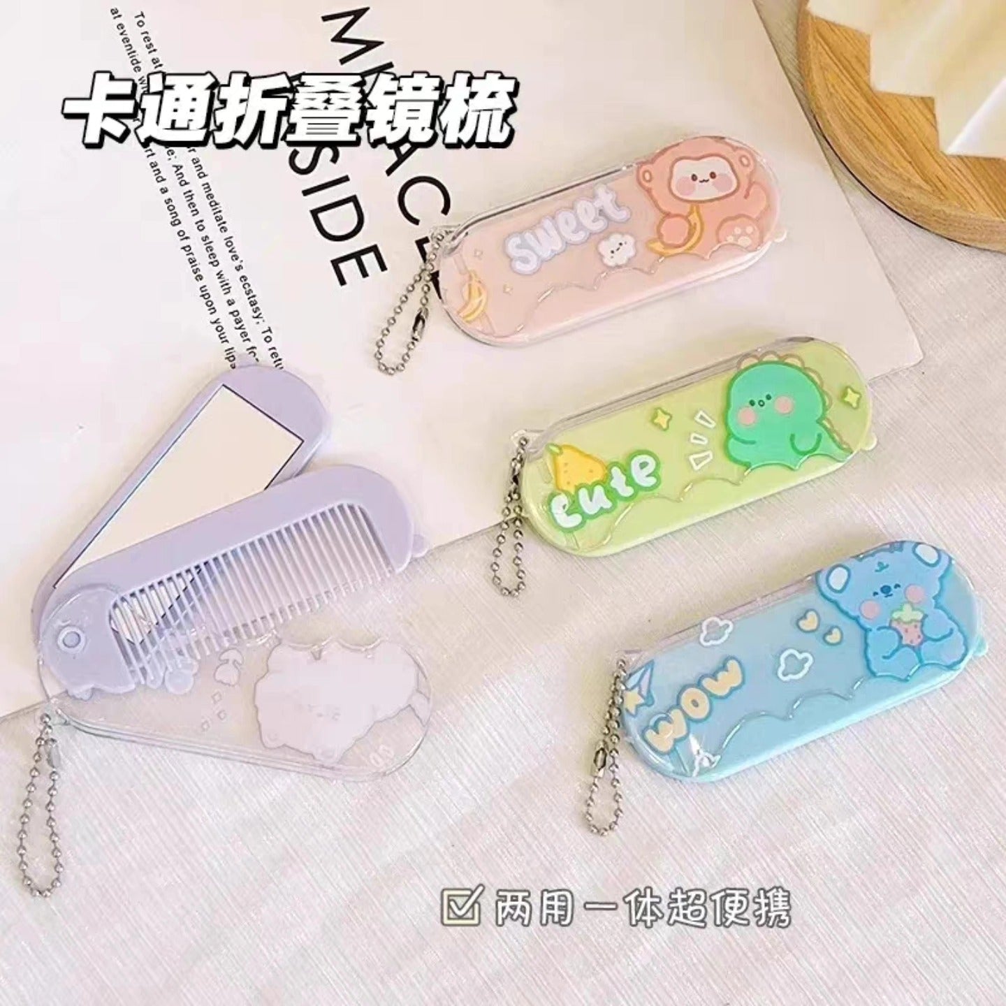 Cute Folding Hair Comb with Mirror Hair Brush for Girls & Boys