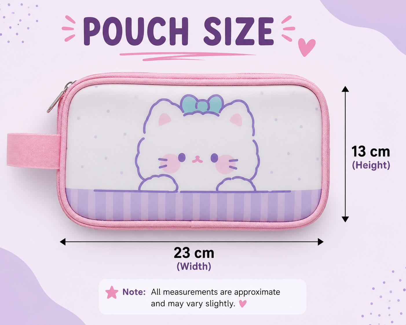 A pink and white cat-themed zip pouch with dimension labels showing 23 cm width and 13 cm height, on a light lavender background with 'POUCH SIZE' text.