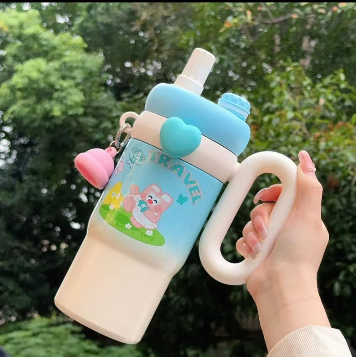 Stainless Steel Kawaii Printed Insulated Tumbler with Handle & Straw – 850ml