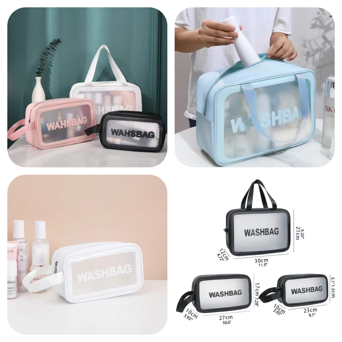 3-Piece Portable Travel Wash Bag – Transparent Waterproof Makeup Organizer Pouch Set