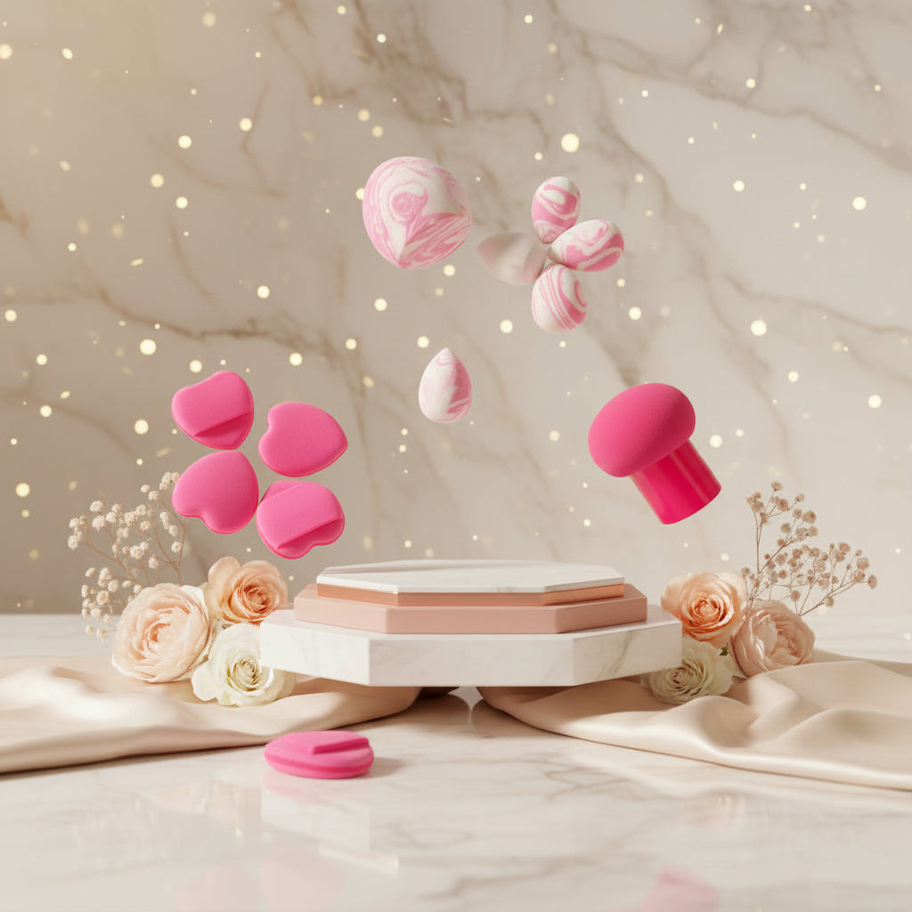 Pink makeup sponge set including a mushroom-shaped sponge, heart-shaped sponges, and marbled round sponges, arranged on a black laptop keyboard