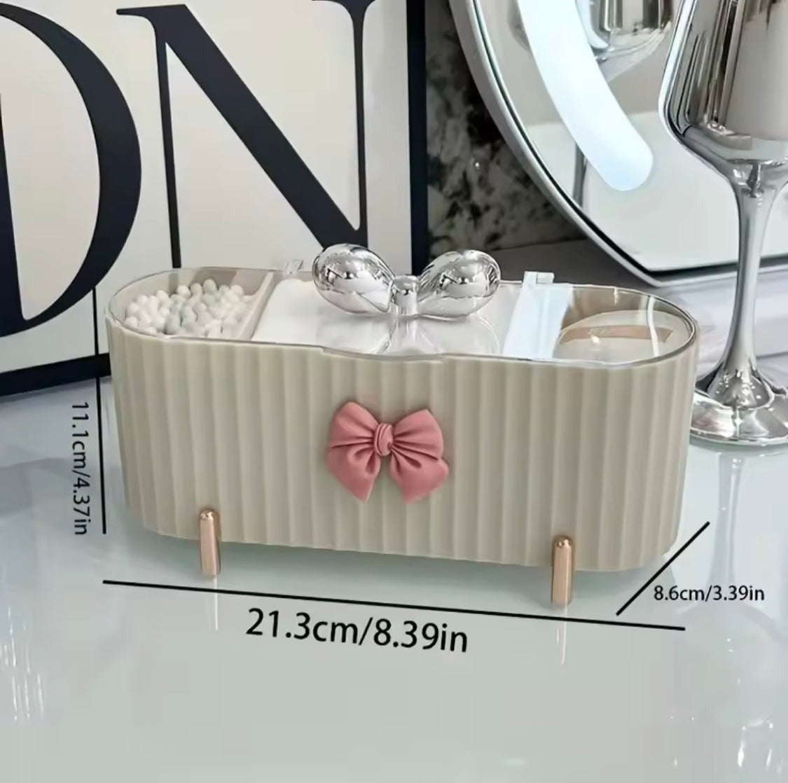 Cute Bow Knot 3 Grid Makeup Organizer, Vanity Mini Cosmetic Organizer, Storage Box For Swabs And Cotton Pad With Lid