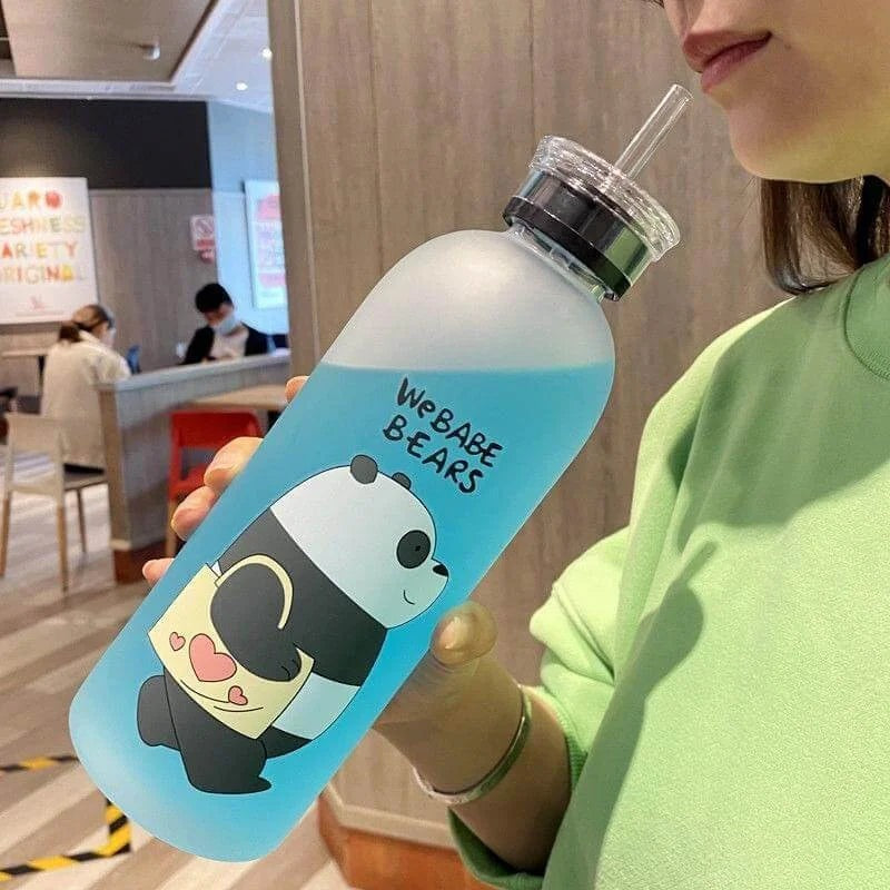 We Bare Bears Frosted Plastic Water Bottle with Straw