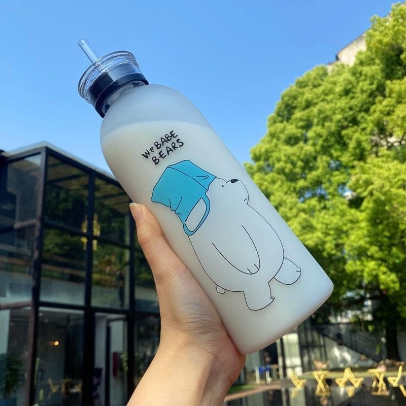 We Bare Bears Frosted Plastic Water Bottle with Straw