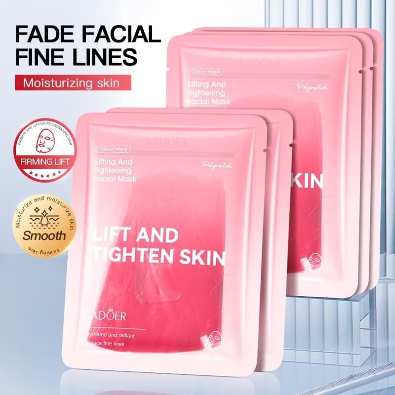 Three pink SADOER lifting and tightening facial mask packets arranged in a fan shape, with promotional text on the left highlighting moisturizing skin and fading fine lines.