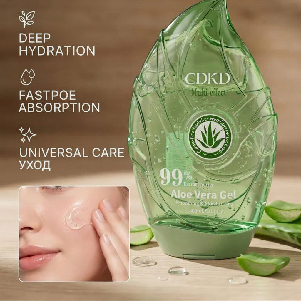 aloe vera gel packaging with text on a brown background