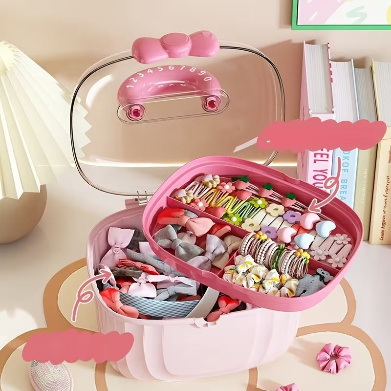 Portable Storage Box with a Detachable Tray, Cute Double-layer Hair Accessory Storage Box