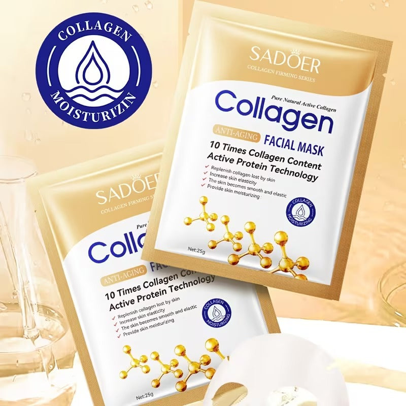 Two packets of Sadoer Collagen Facial Mask displayed on a light beige background with a blue circular 'Collagen Moisturizin' badge. The packaging is white and gold with blue and orange text, featuring a molecular graphic.