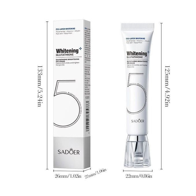 Sadoer Whitening + Glutathione Cell-Later Whiteness gel cream tube and its packaging box, shown with dimension lines and measurements on a white background.