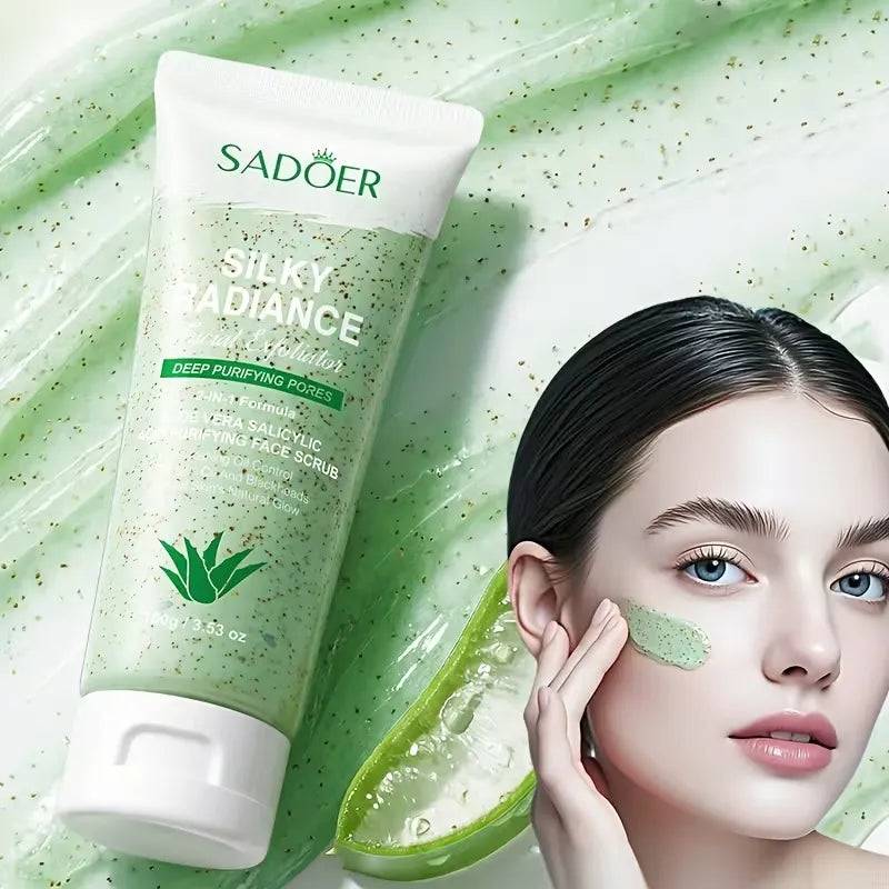 SADOER Silky Radiance Deep Purifying Pore Cleansing Face Scrub in a light green tube, shown next to a model with aloe vera on her cheek against a textured green aloe background.