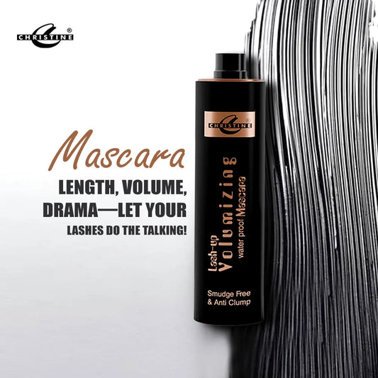 A black bottle of Christine Volumizing Water Pool Mascara with a metallic gold label, set against a white background with a graphic of black eyelashes on the right and promotional text on the left.