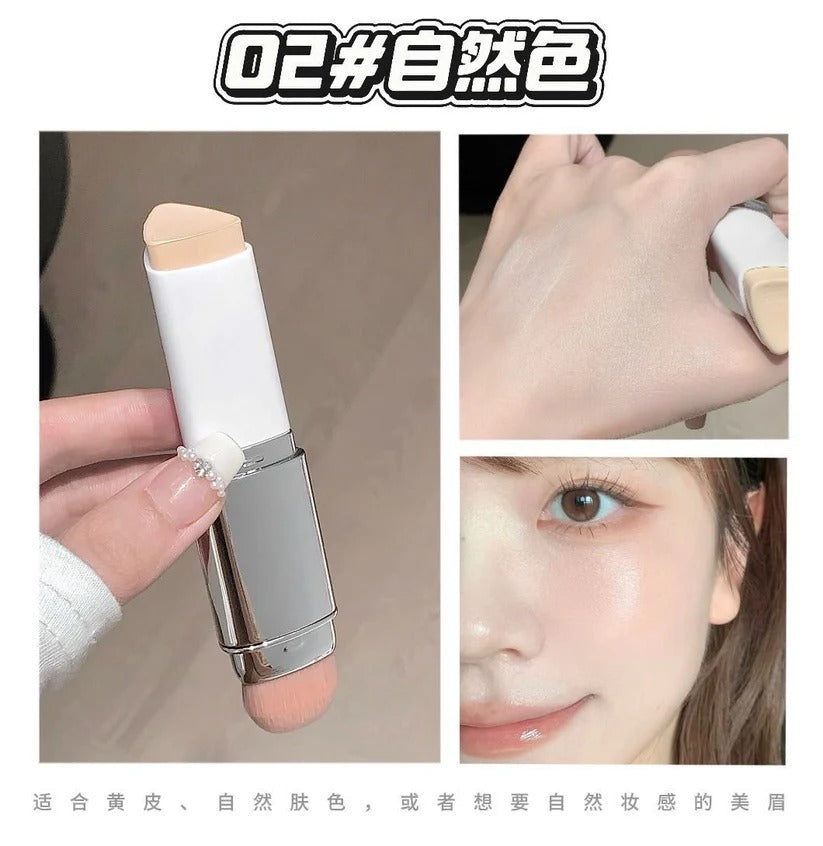 kakashow stick foundation Cosmetic stick with close-up of application on skin and a person wearing it.