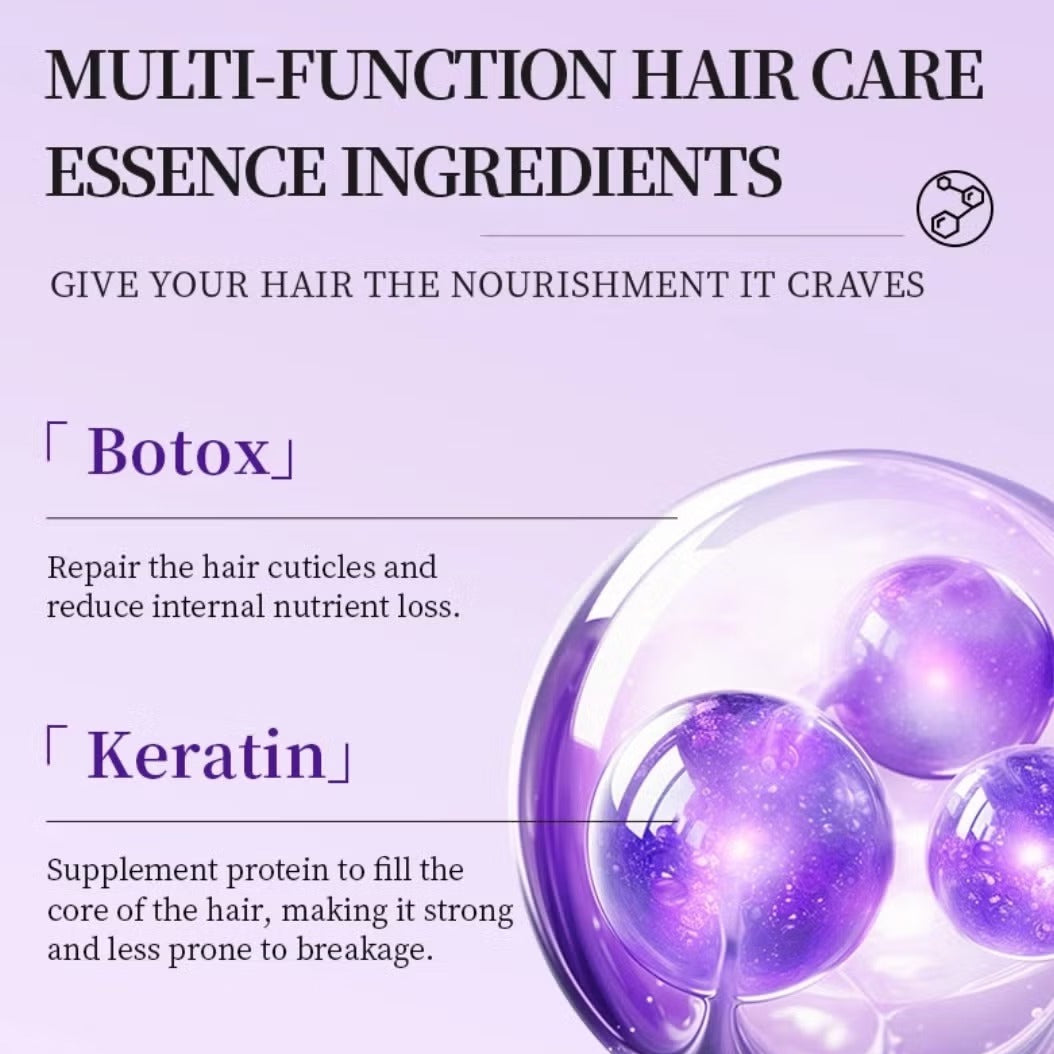 Advertisement for multi-function hair care essence ingredients with Botox and Keratin on a purple background.