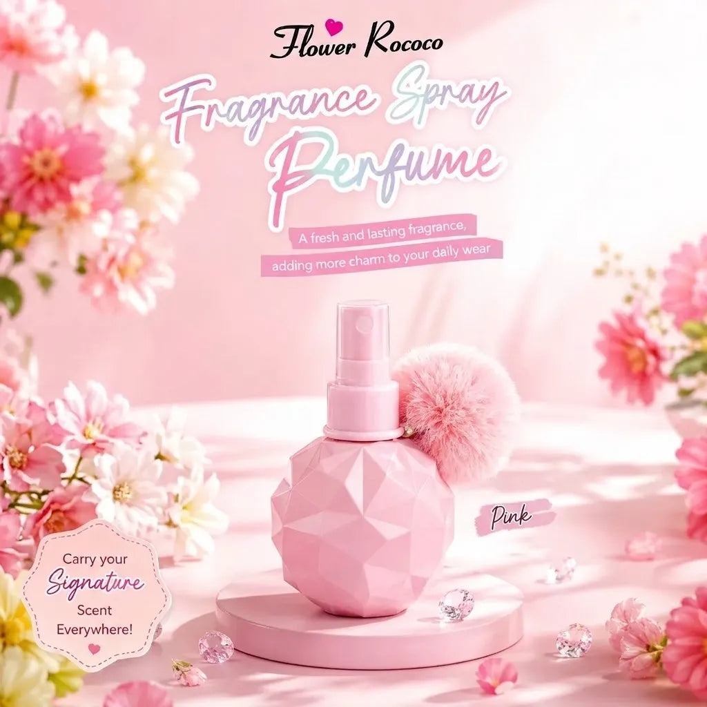 Pink faceted perfume spray bottle with a fluffy pom-pom accent, displayed on a pink pedestal with floral decorations and promotional text reading 'Flower Rococo Fragrance Spray Perfume' and 'Pink'.