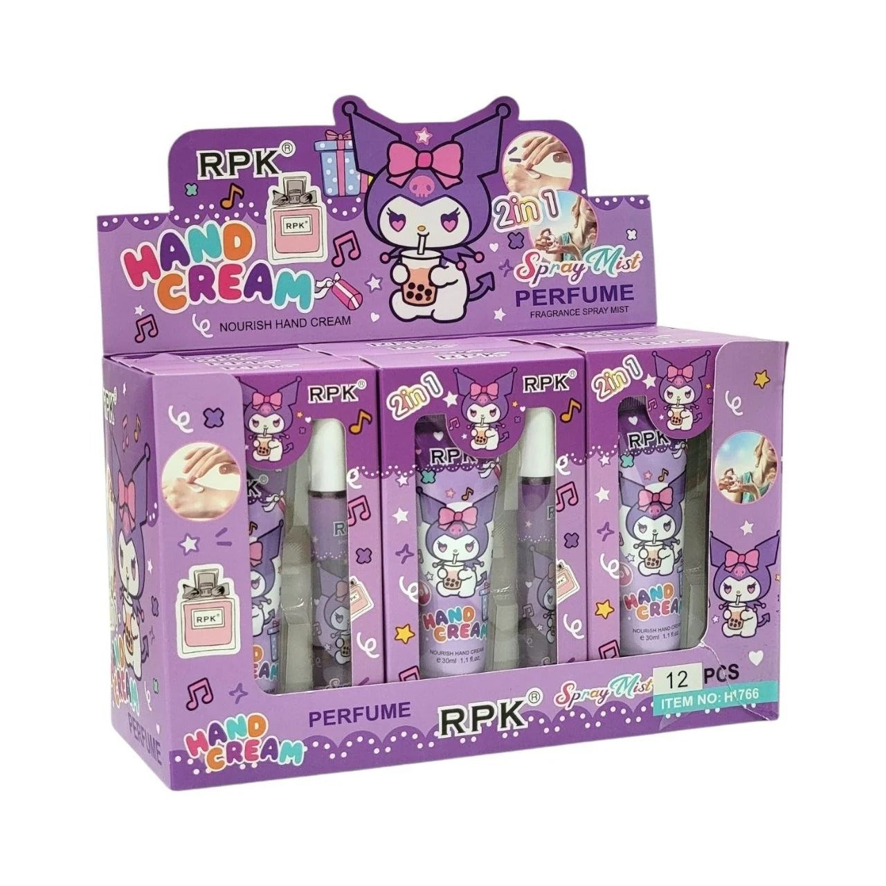 A purple retail display box containing 12 tubes of RPK Hand Cream Spray Mist perfume, featuring Kuromi character illustrations and product branding on a white background.