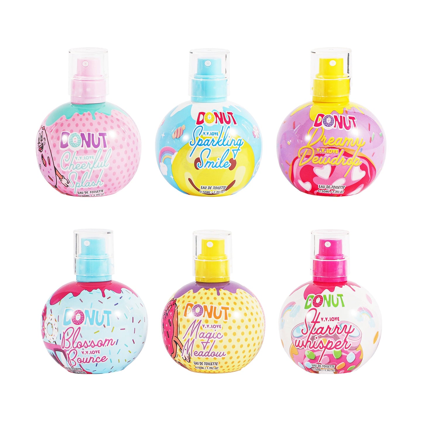 Six round spray bottles of DONUT brand body mists arranged in a 2x3 grid on a white background. The bottles feature colorful pastel designs with pink, blue, yellow, and purple accents, and labels such as 'Honeycomb Powder,' 'Sparkling Smiles,' 'Creamy Pastries,' 'Blossom Brunch,' 'Magic Mist,' and 'Starry whisper.