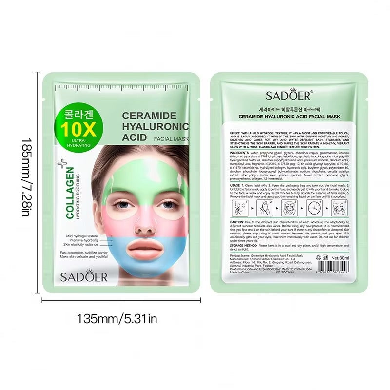 Sadoer Collagen Hyaluronic Acid Facial Mask shown in front and back packaging views with dimension labels 135mm by 185mm on a white background.