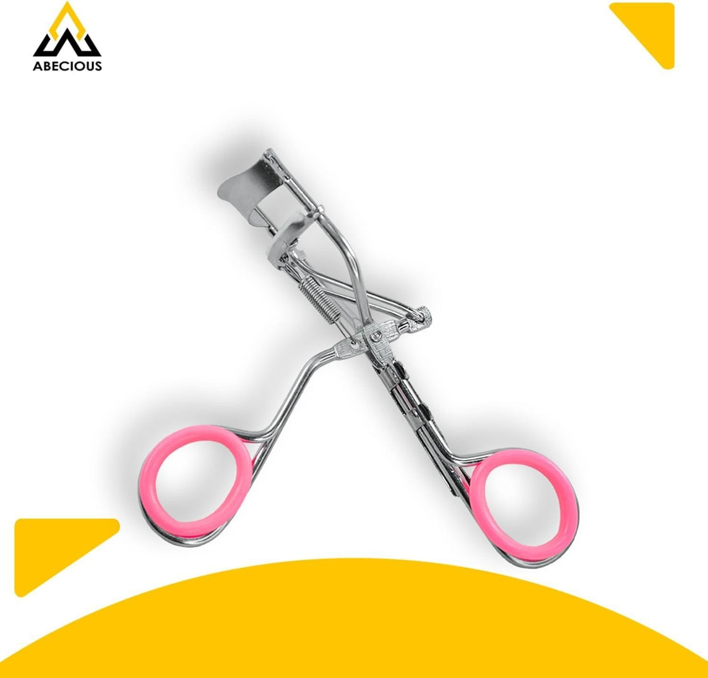 A chrome eyelash curler with bright pink ring handles, shown on a white background with yellow graphic accents and the Abecious logo in the top left corner.