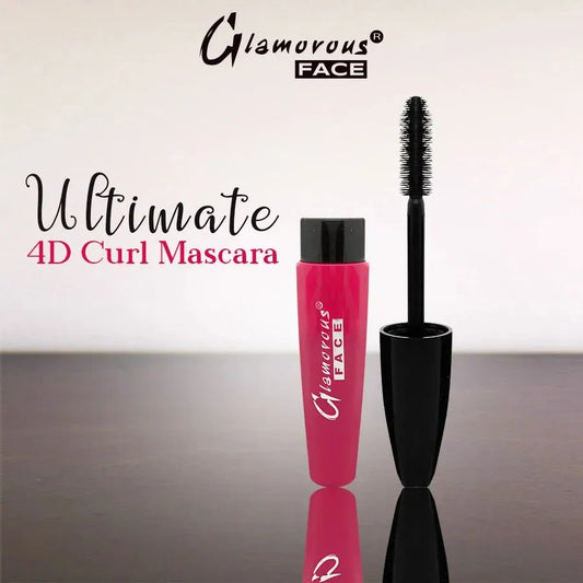 Glamorous Face Ultimate 4D Curl Mascara with pink tube and black wand on a reflective surface.