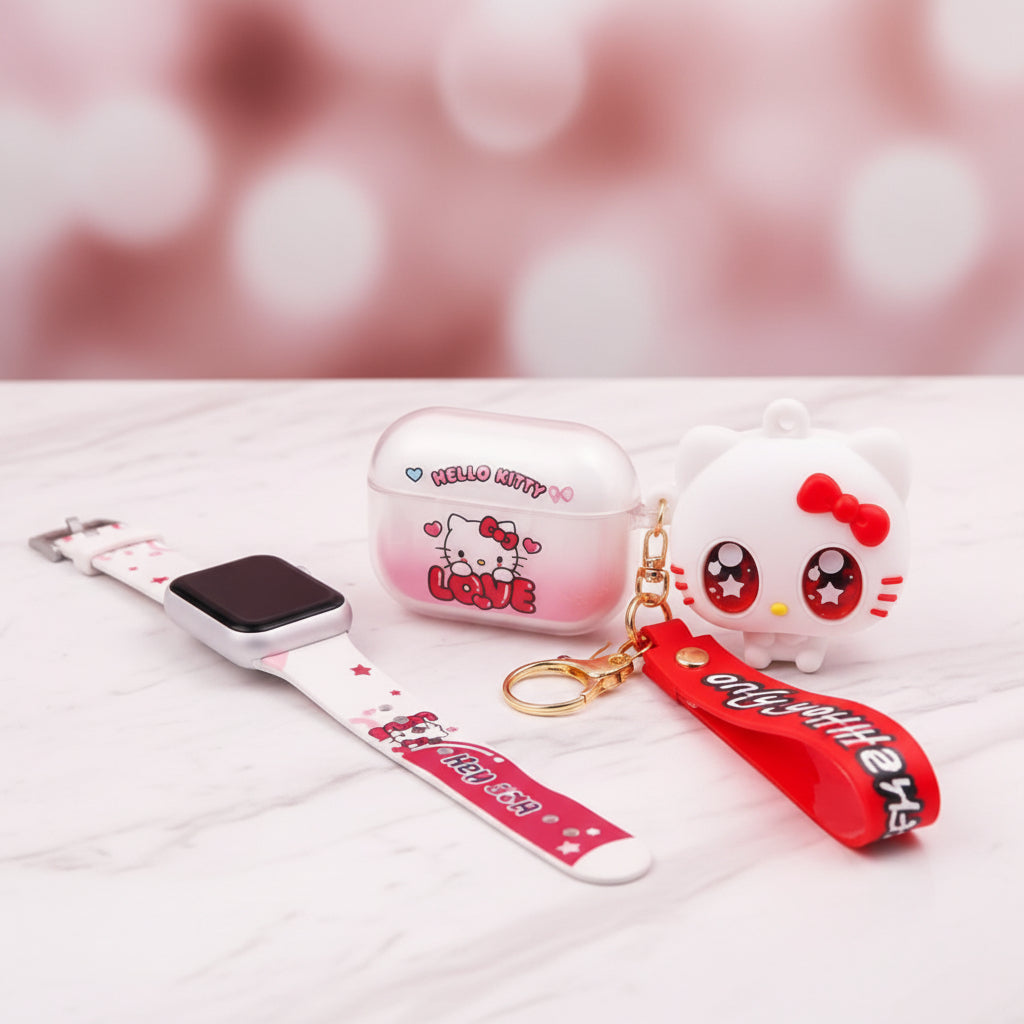Hello Kitty themed stress relief toy set in its retail packaging, featuring a white Hello Kitty character keychain with a red bow, a red wrist strap, a pink AirPods case, and a white smartwatch band.