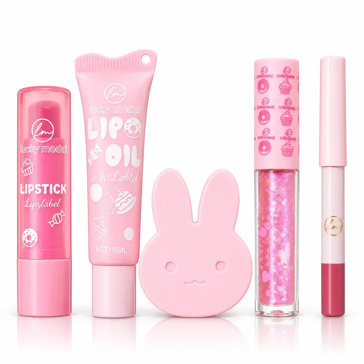 A set of pink cosmetic products from the brand 'lucky model' arranged on a white reflective surface. The set includes a lip balm tube, a lip oil tube, a pink bunny-shaped case, a glitter lip gloss tube, and a lip liner tube.