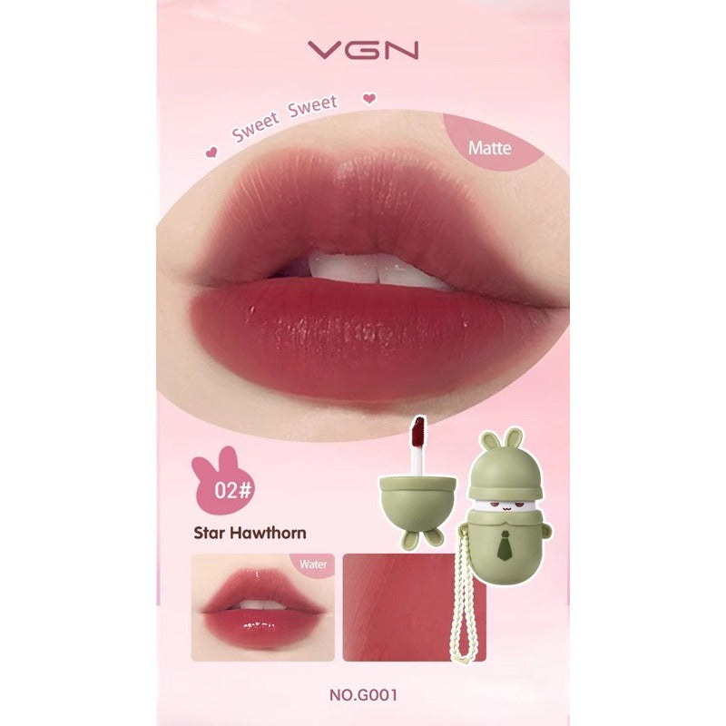 VGN Star Hawthorn matte liquid lipstick in shade 02, featuring a pink packaging card with a large lip swatch, product tube, and character-shaped cap in a light green bunny design.