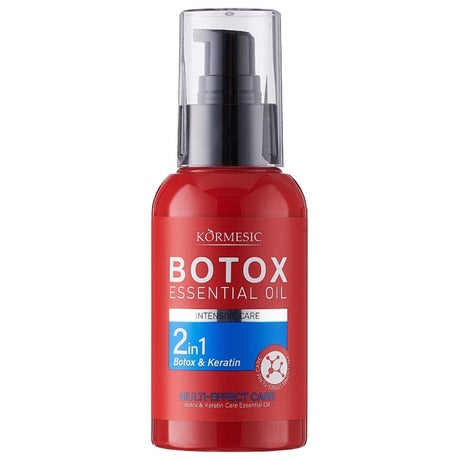 Red bottle of Kormesic Botox Essential Oil on a white background