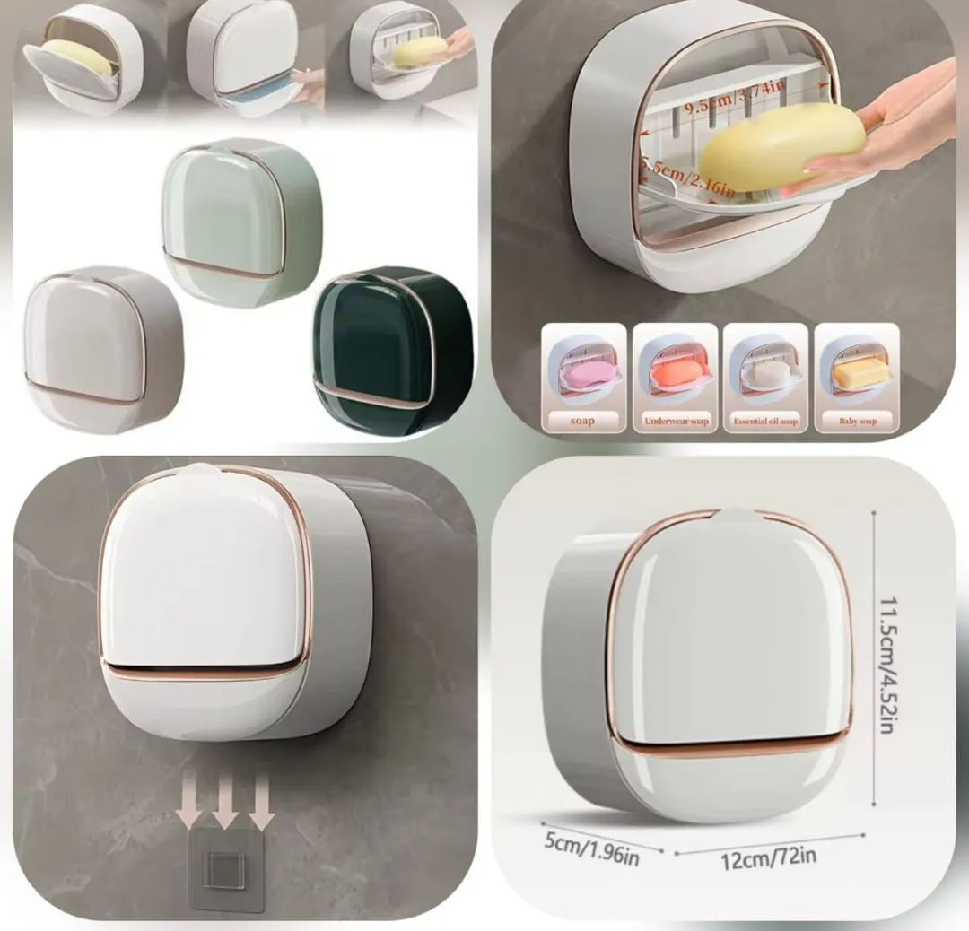 A collage showing a wall-mounted instant soap dispenser in multiple views and color options. The dispenser has a rounded square shape with a translucent lid and a small soap dish inside, shown dispensing soap.