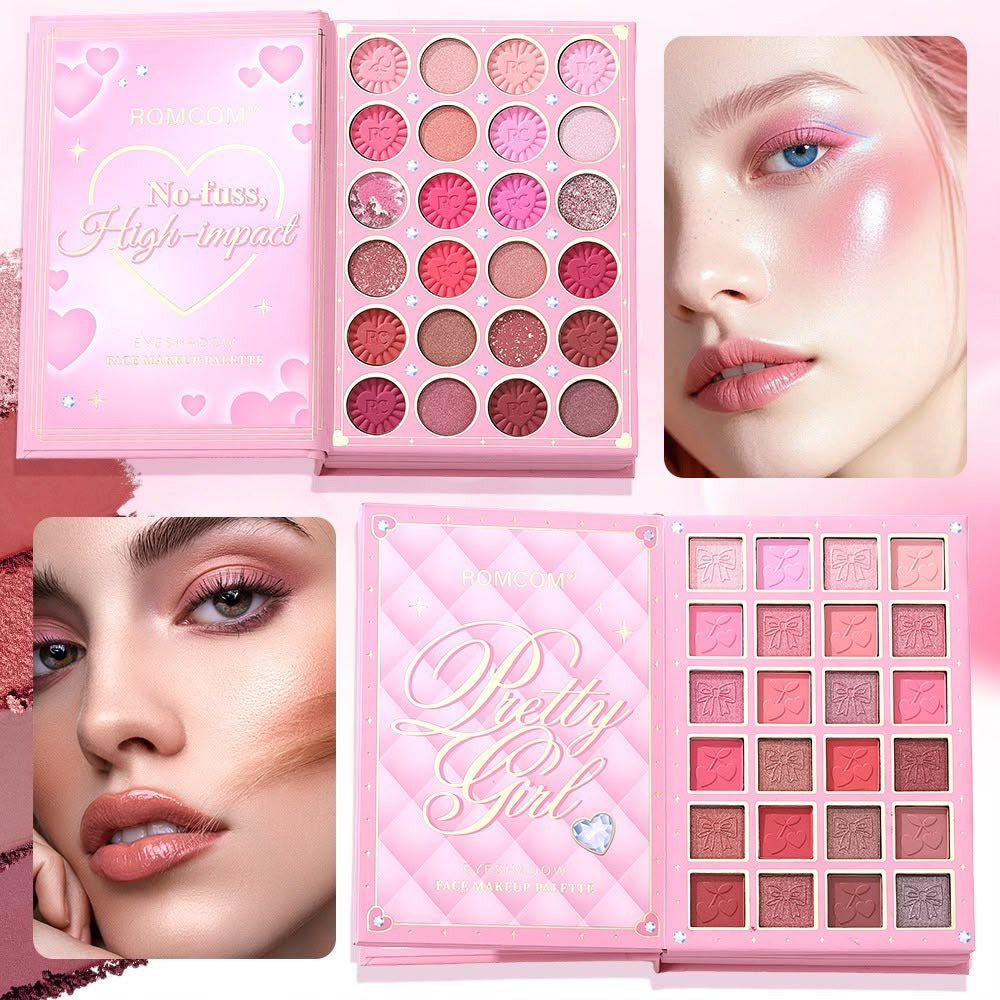 Makeup palette with 'Pretty Girl' text, open showing eyeshadows, and close-up of a woman wearing pink makeup.