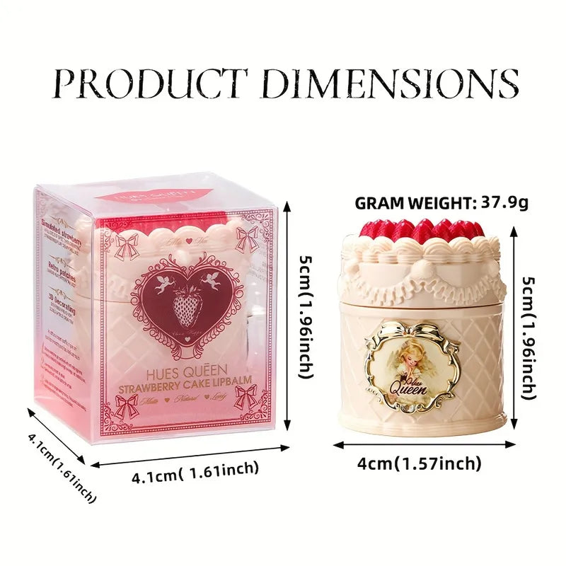 Product dimensions diagram for a strawberry cake-shaped lip balm. The image shows the pink retail box on the left and the round balm container on the right, with measurement arrows and labels indicating dimensions of 5cm height and 4cm width, plus a gram weight of 37.