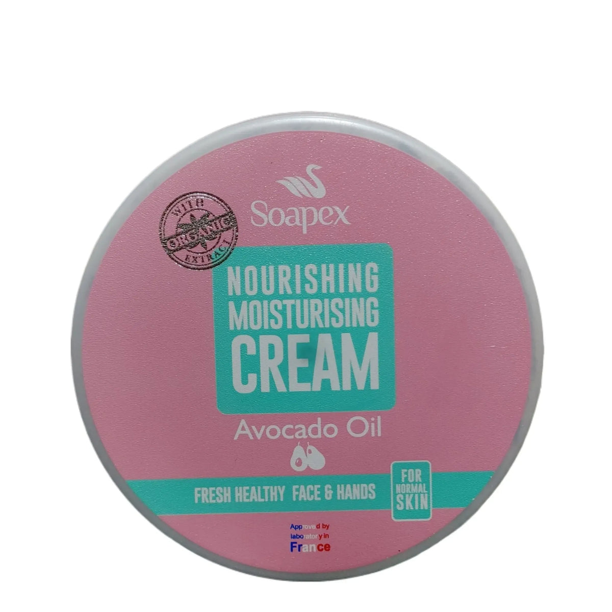 A round tin of Soapex Nourishing Moisturising Cream with Avocado Oil, featuring a pink lid with teal and white text and graphics.