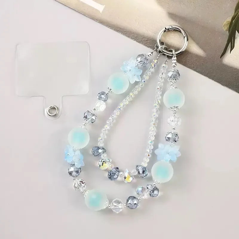 Double-Layer Beaded Phone Charm Wristlet with Flower Accents