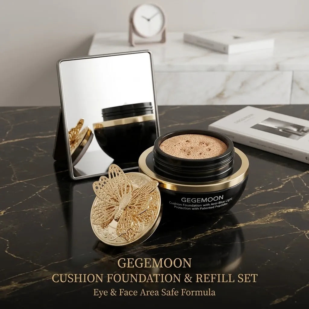 Open jar beside mirror: “Open Gegemoon cushion foundation jar with gold butterfly lid beside a mirror”
