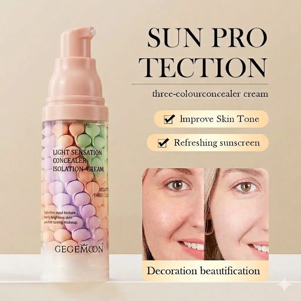 Gegemon Light Sensation Concealer Isolation Cream in a pump bottle with a pastel pink cap, shown next to text highlighting its sun protection benefits and a before-and-after close-up of a woman's face.