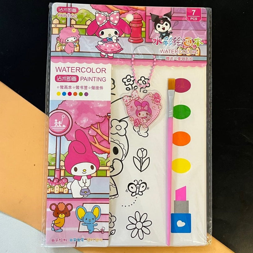 Packaged watercolor painting set with cartoon characters on a black background