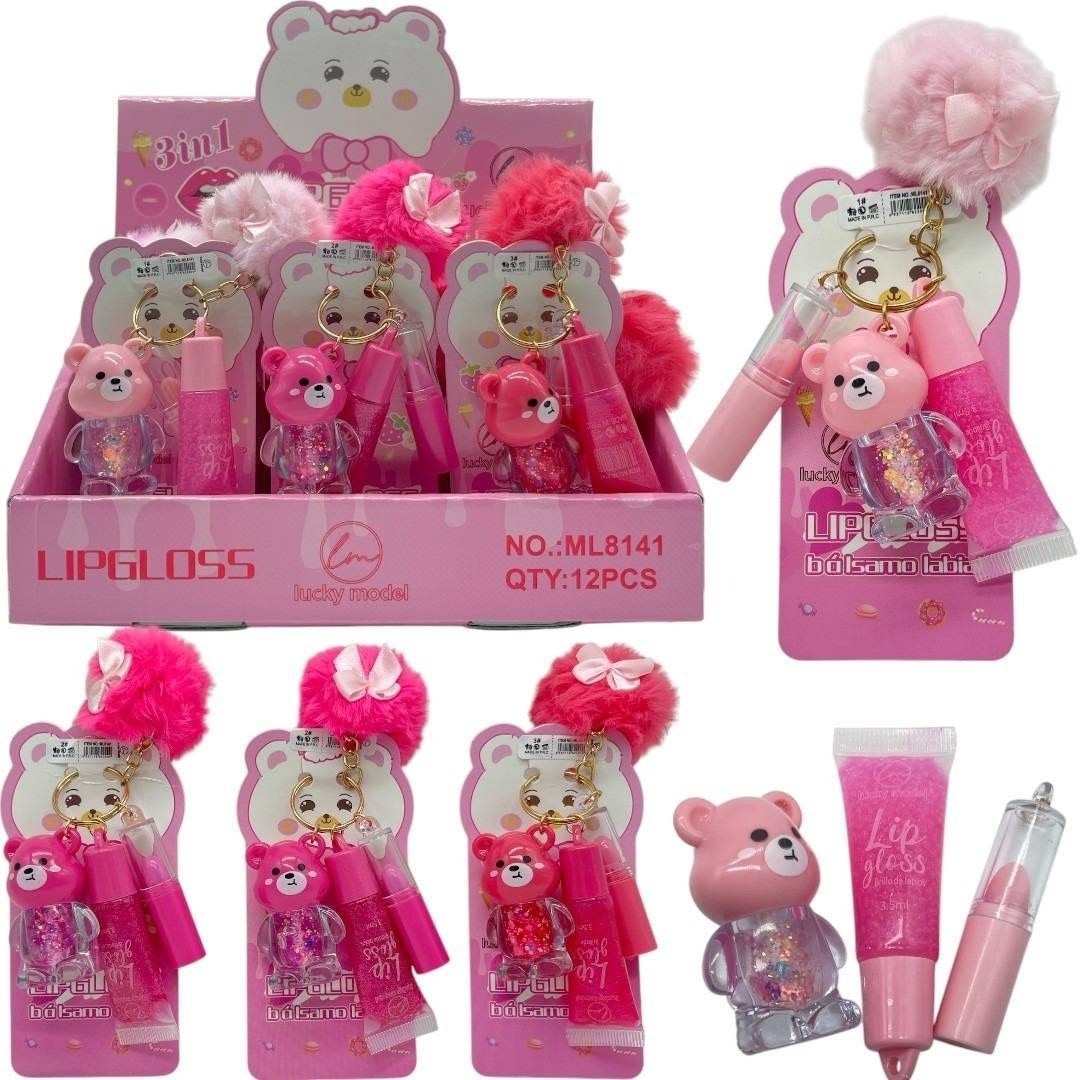 Lucky Model Bear PomPom Lip Gloss with Keyring/Bag Charm (various shades)