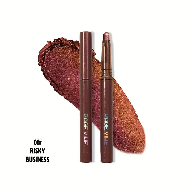 Two brown lip products with 'PAGE VINE' branding next to a swatch of the color on a white background.
