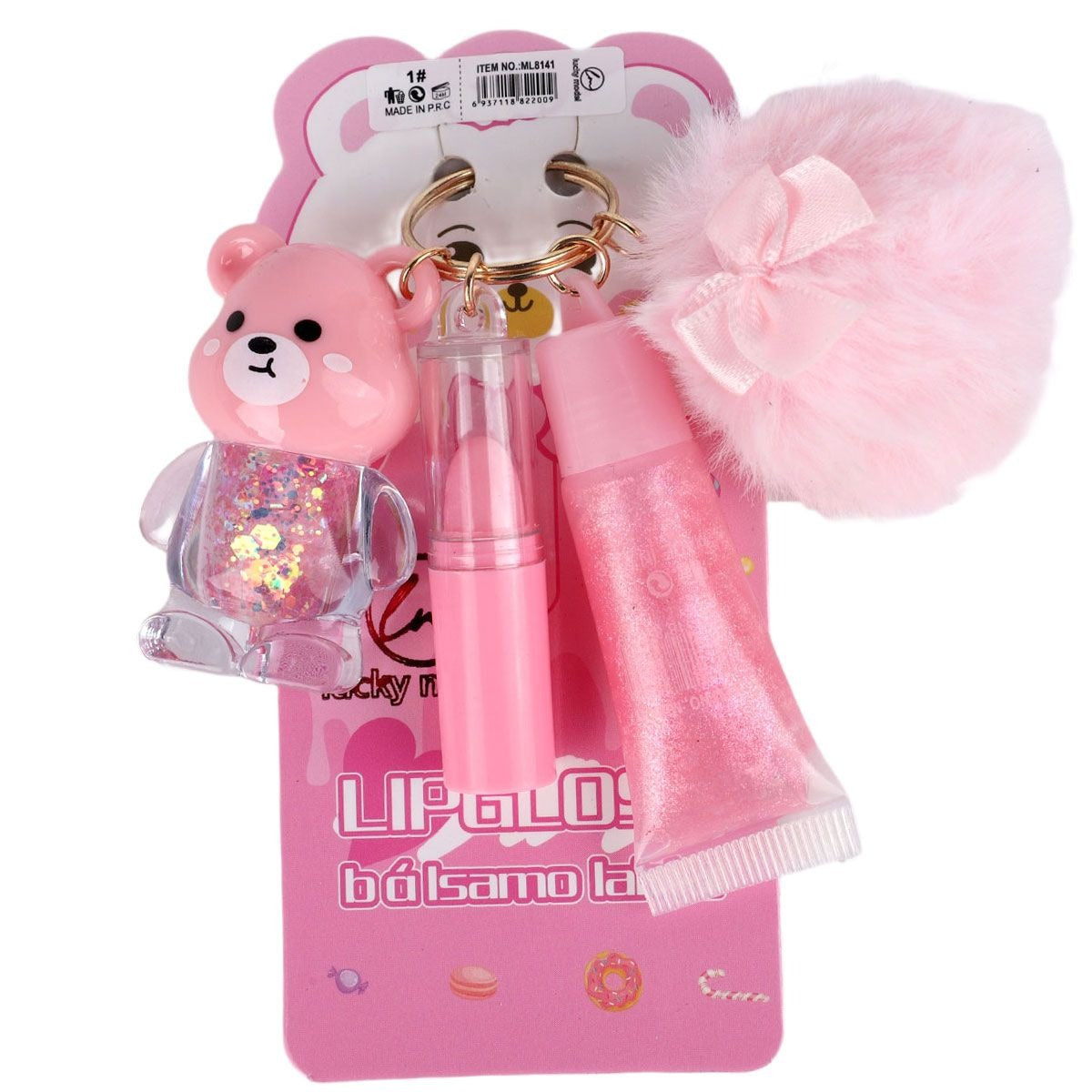 Lucky Model Bear PomPom Lip Gloss with Keyring/Bag Charm (various shades)