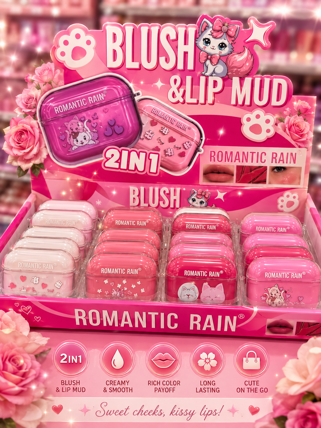 A retail display box filled with pink and white 2-in-1 blush and lip mud tins under a decorative pink header that reads 'Blush & Lip Mud' and 'Romantic Rain.' The display includes floral decorations, product callouts, and feature icons at the bottom.