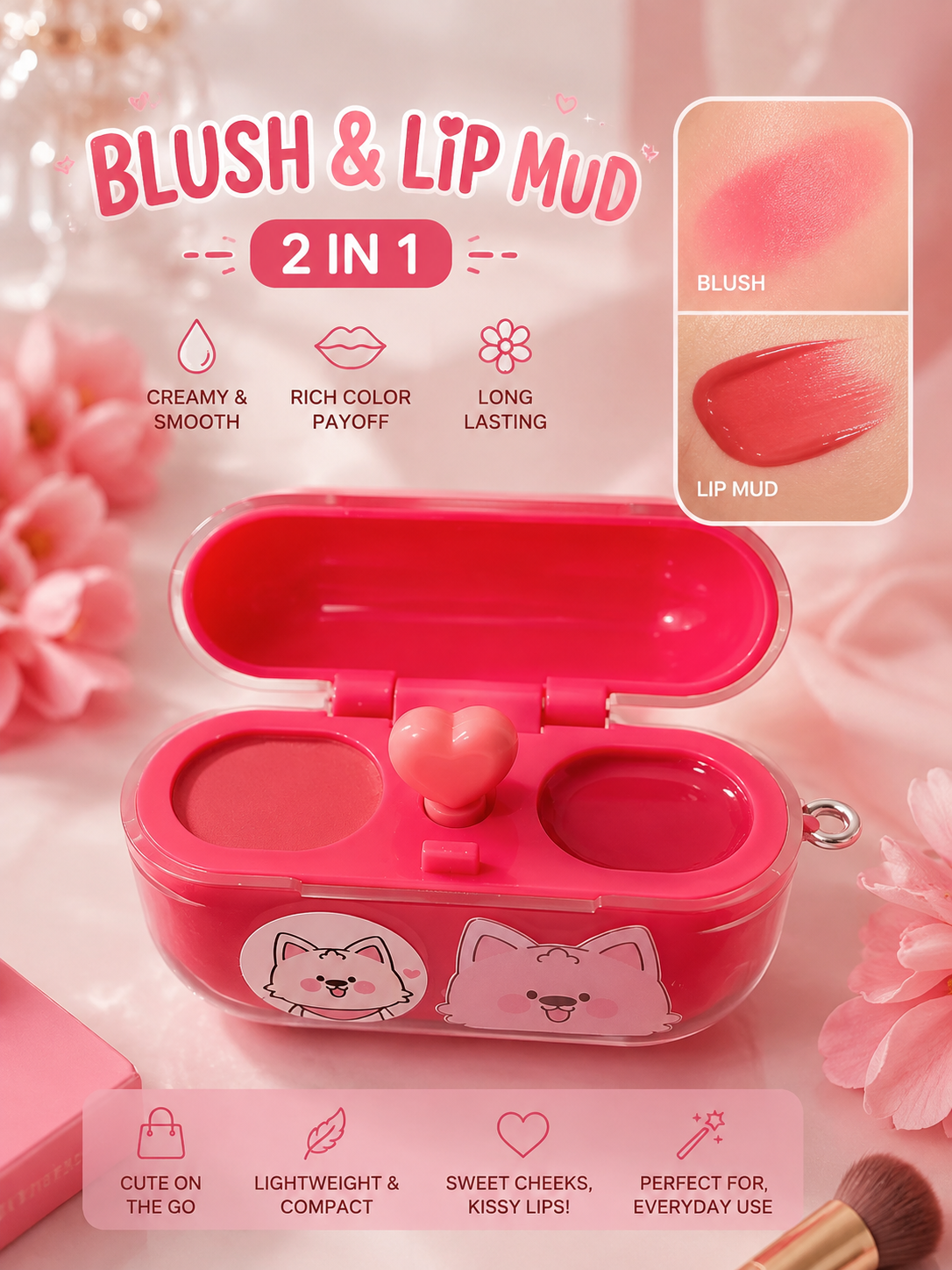 A pink 2-in-1 blush and lip mud compact shown open on a soft pink background with decorative flowers. The compact has two round pans, a small heart-shaped applicator, and cartoon cat illustrations on the front.