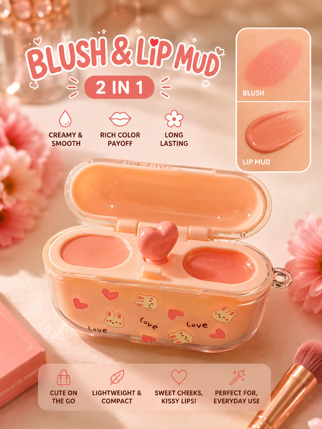 A 2-in-1 blush and lip mud compact shown open on a soft pink background, with swatches labeled 'BLUSH' and 'LIP MUD' and feature callouts around it. The compact is peachy pink with bunny and heart illustrations and a small heart-shaped applicator on top.
