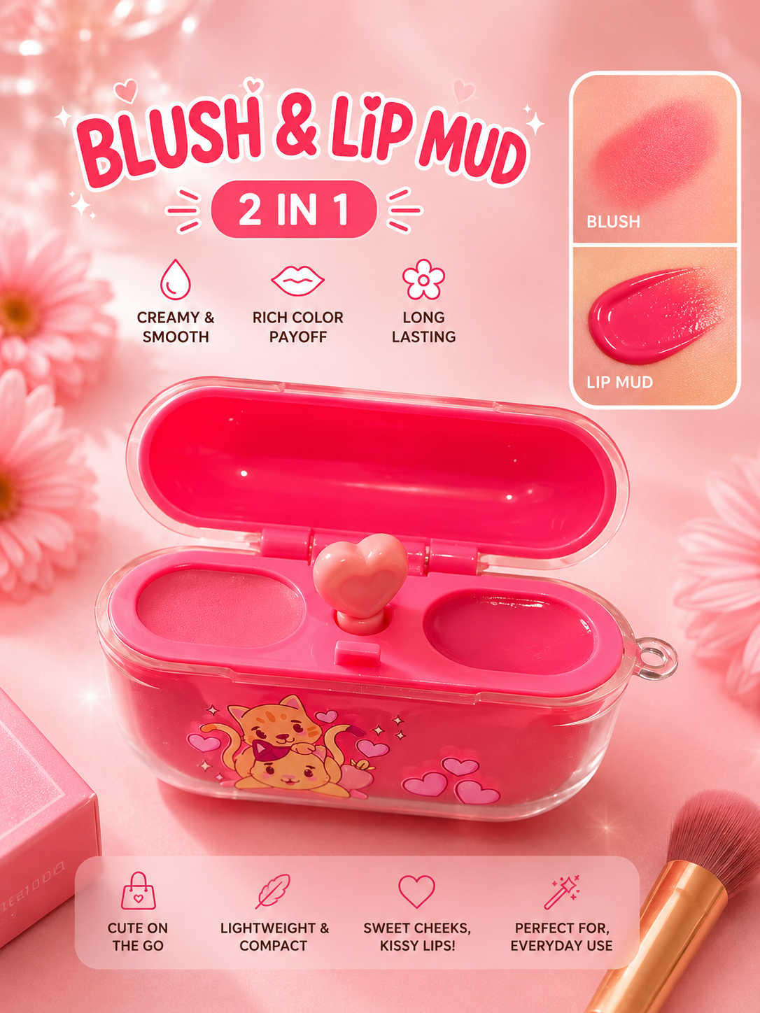 A pink 2-in-1 blush and lip mud compact shown open on a soft pink background with floral props. The compact has a clear outer shell, bright pink interior, a heart-shaped applicator, and a cartoon cat illustration.