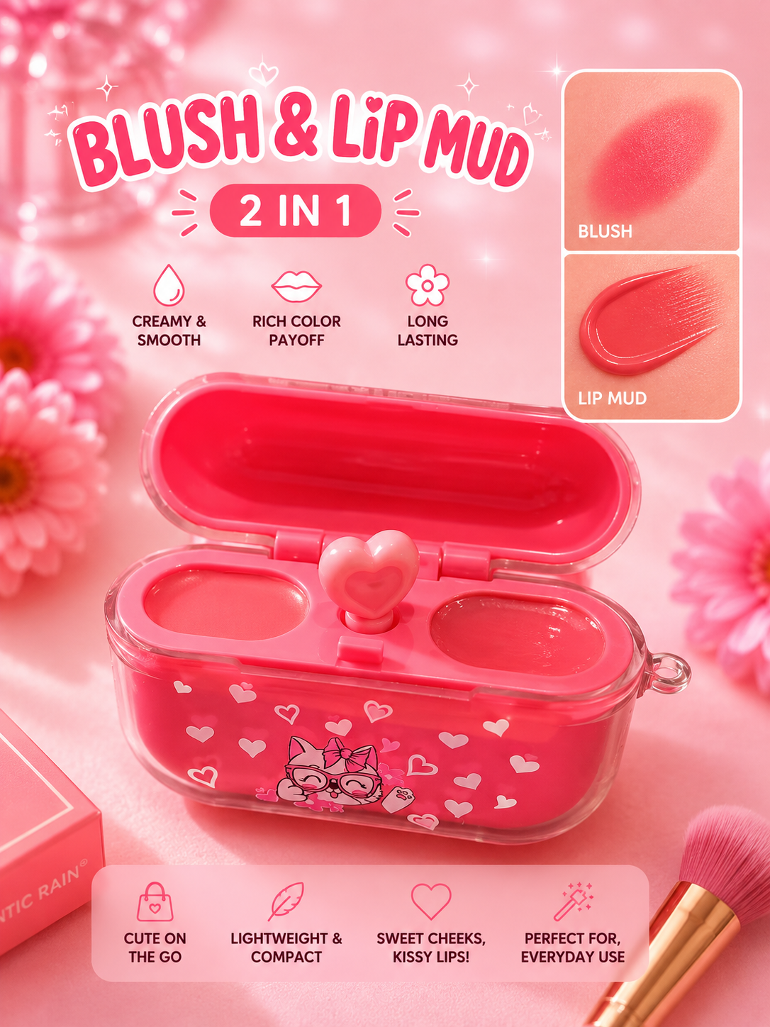 Pink 2-in-1 blush and lip mud compact shown open on a pink background with floral props and text callouts. The compact is translucent pink with heart prints and a small heart-shaped applicator on top.