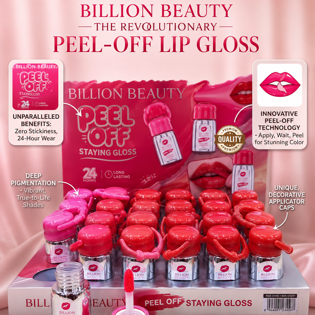 Billion Beauty Peel-Off Staying Gloss set displayed on a pink background with multiple small lip gloss bottles, pink applicators, and retail boxes. The image includes promotional text callouts and icons describing the product benefits and shades
