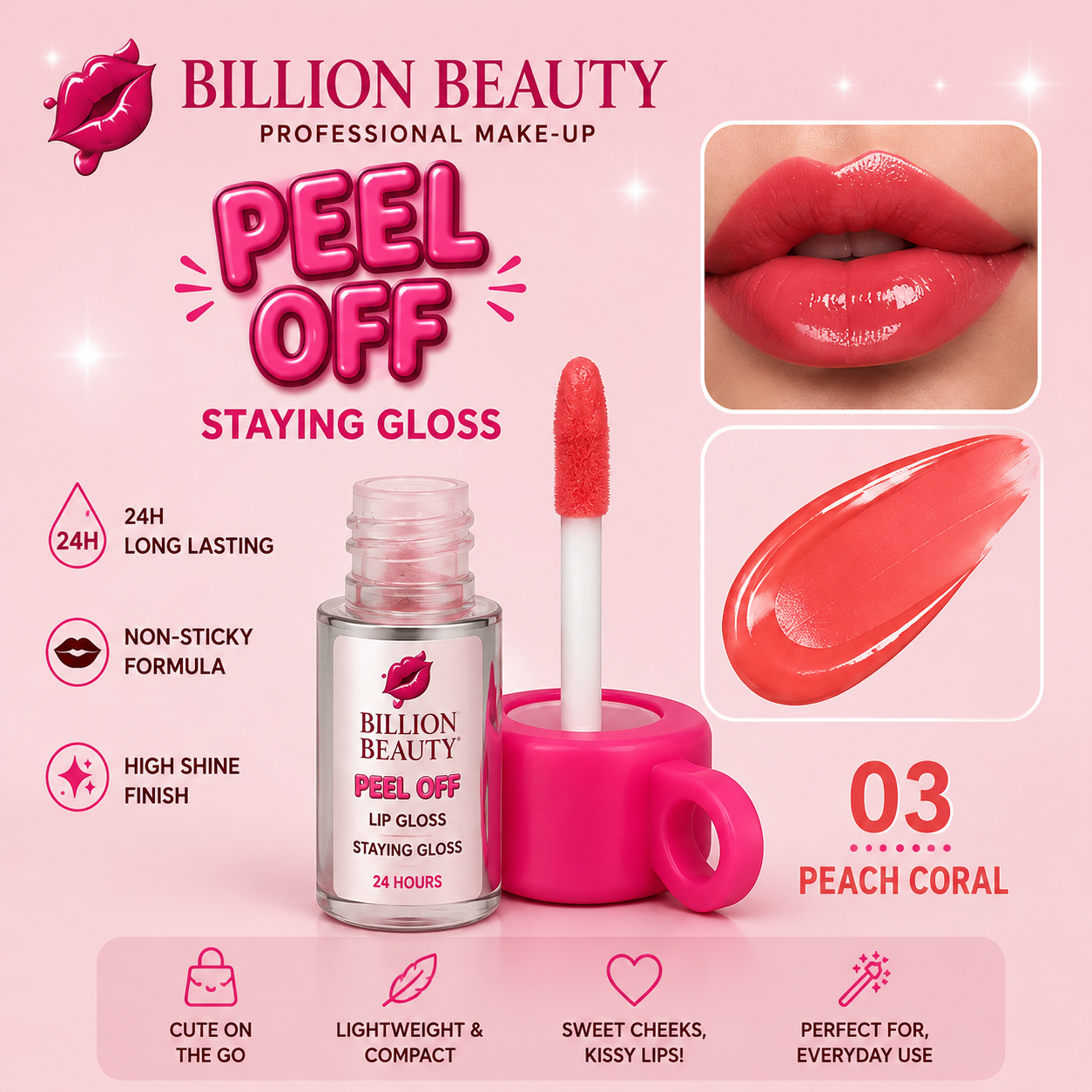 Billion Beauty Peel Off Staying Gloss lip gloss in shade 03 Peach Coral, shown in a clear bottle with a pink cap and applicator wand, alongside a lip gloss smear and a close-up of glossy lips wearing the product.