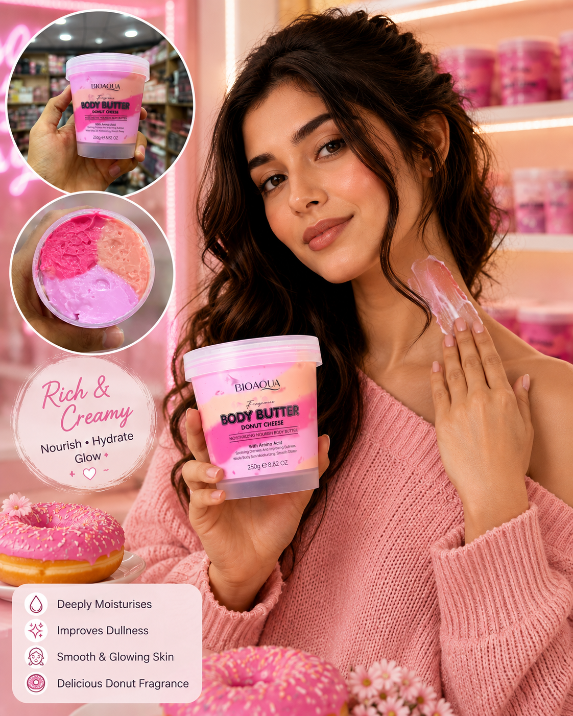A woman in a pink knit sweater holds a tub of Taramoli Body Butter in a pink and white container. The image features a pink shop background with neon lights, a text overlay detailing the product benefits, and two circular inset images showing the product packaging and the pink-and-orange cream inside.