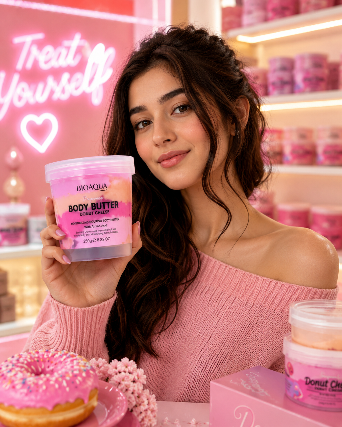 A woman in a pink off-the-shoulder sweater holds a tub of BioQuila Body Butter in a pink shop setting with shelves of similar products, a neon sign reading 'Treat Yourself,' and a pink frosted donut on the table.