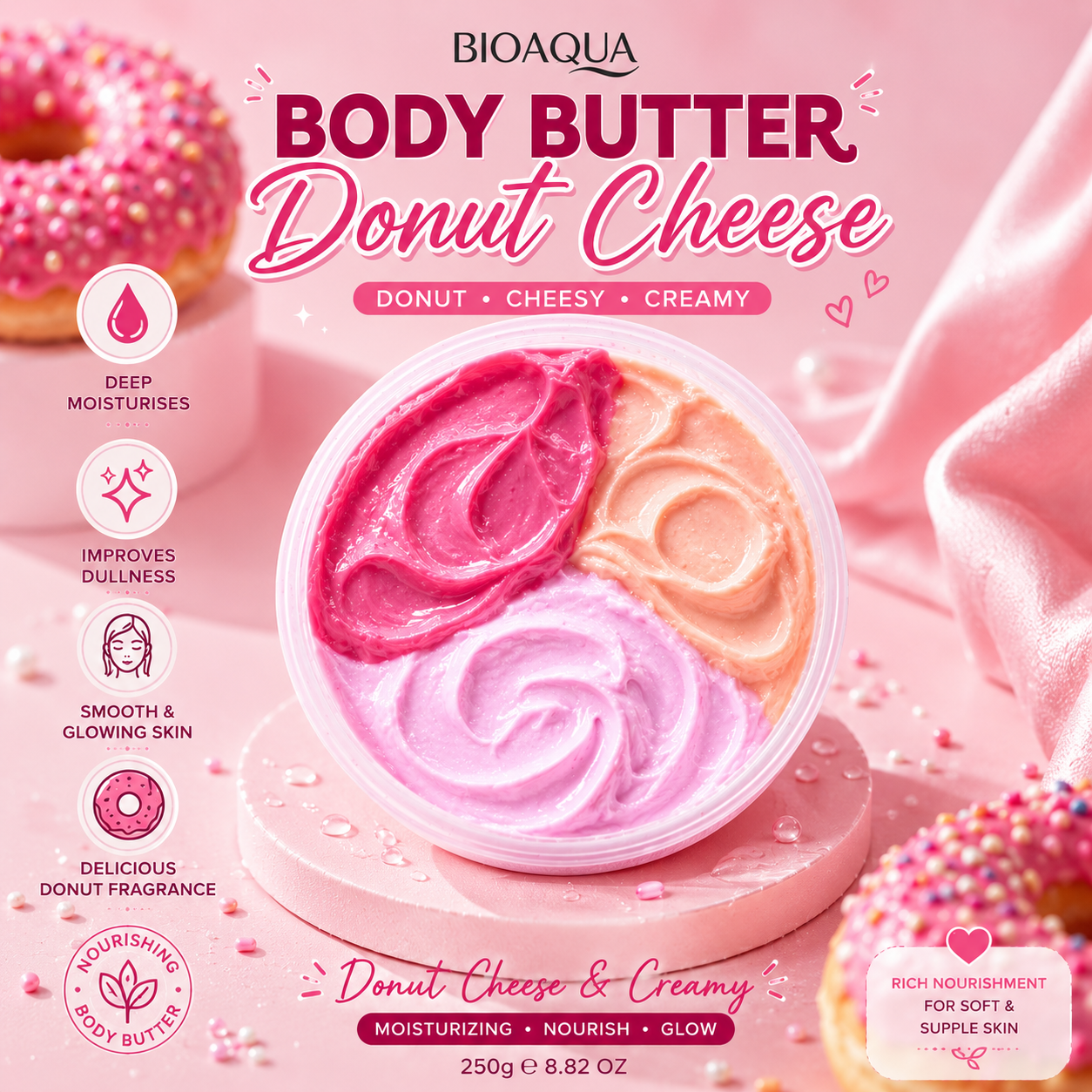 BIOAQUA Body Butter Donut Cheese, a 250g tub of body butter with three swirled colors: deep pink, creamy pink, and light peach. The packaging is a pink donut-shaped container on a pink background with donut props and text highlighting its creamy, moisturizing, and smooth benefits.