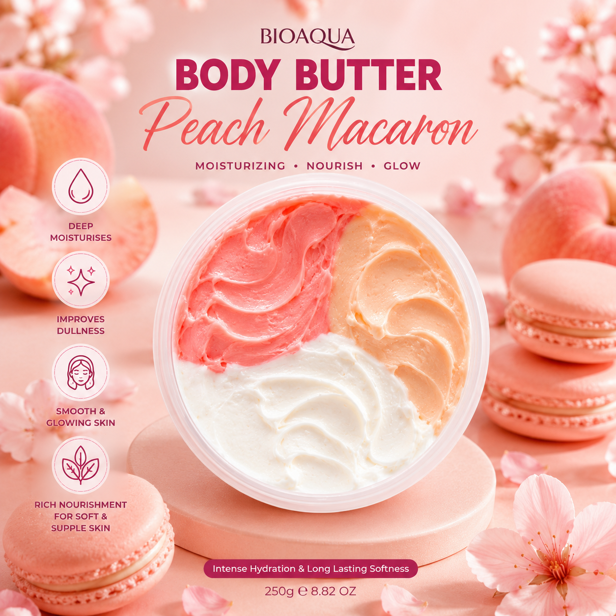 BIOAQUA Body Butter in Peach Macaron scent, shown in a clear round tub with three swirled sections of peach-pink, white, and light orange cream. The tub is centered on a pink background with decorative peach macarons and pink blossoms.